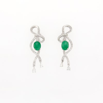 Lot 1076 - Pair of White Gold and Jade Earrings