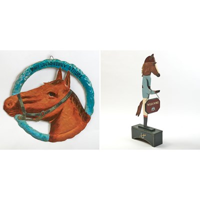 Lot 175 - Painted Wood Horse-Form Welcome Sign and Painted Metal Wreath Form "Marylou Whitney Stable" Sign