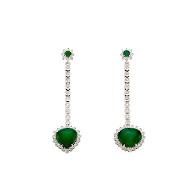 Lot 1091 - White Gold, Jade and Diamond Pendant-Earrings