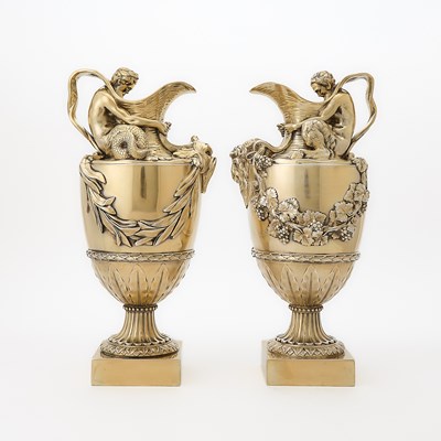 Lot Pair George V Sterling Silver-Gilt Wine and Water Ewers