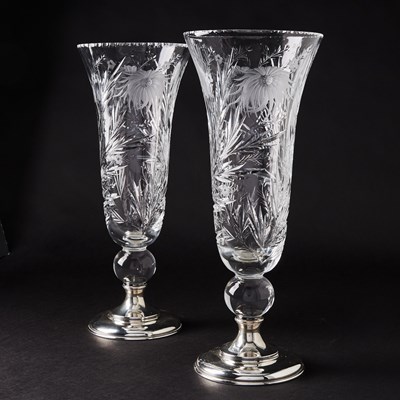 Lot 111 - Pair of Hawkes Sterling Silver Mounted Blown and Wheel-Engraved Glass Vases