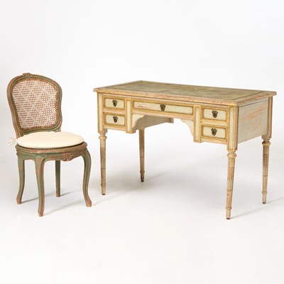 Lot 294 - Louis XVI Style Leather Inset Painted Wood Desk and Side Chair