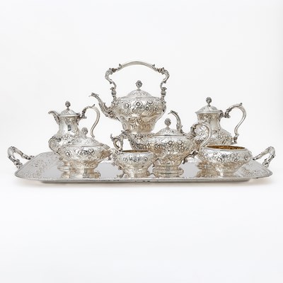 Lot American Sterling Silver Tea and Coffee Service with Tray, Presented to Gertrude Vanderbilt Whitney