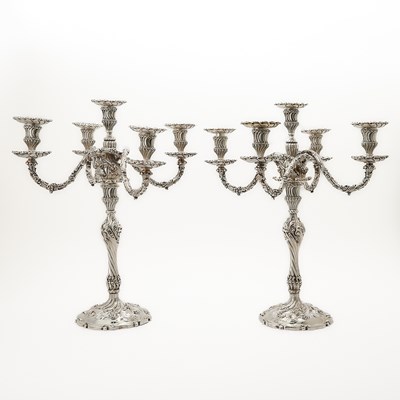 Lot 103 - Pair of American Sterling Silver Five-Light Candelabra, Presented to Gertrude Vanderbilt Whitney