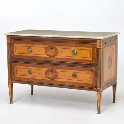 Lot Italian Neoclassical Walnut Marble Top Marquetry Chest of Drawers