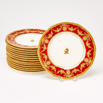 Lot 287 - Set of Fourteen Royal Crown Derby Gilt Decorated Porcelain Heraldic Dinner Plates