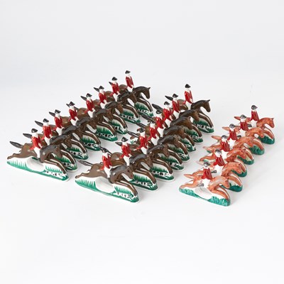 Lot Two Sets of Painted Porcelain "Huntsman" Napkin Rings