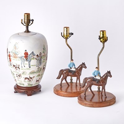Lot 174 - Pair of Painted Metal Horse and Jockey Table Lamps