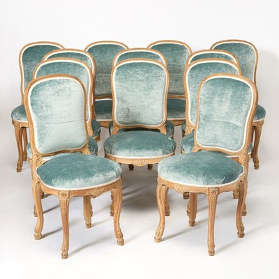 Lot 303 - Set of Twelve Louis XVI Style Upholstered Carved Beech Wood Dining Side Chairs