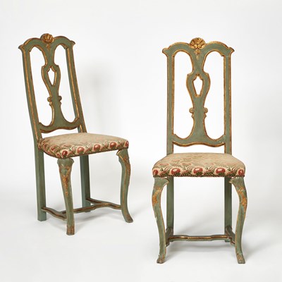 Lot 277 - Pair of Italian Rococo Style Upholstered Painted Wood Side Chairs