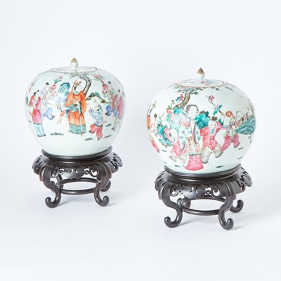 Lot 145 - Pair of Chinese Enameled Porcelain Jars and Covers