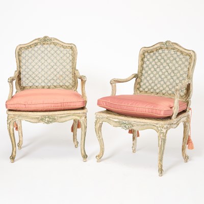 Lot 273 - Pair of Louis XV Style Painted and Caned Fauteuils