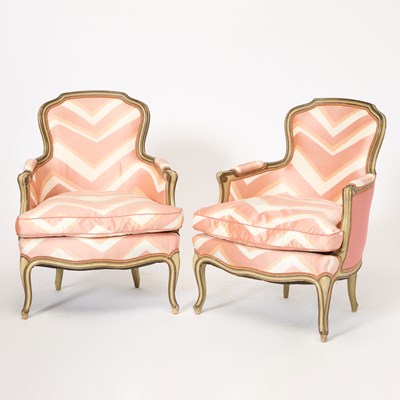 Lot 264 - Pair of Louis XV Style Upholstered Painted Bergères