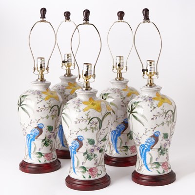 Lot 218 - Five Chinese Porcelain Table Lamps with Bird Decoration