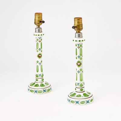 Lot 260 - Pair of Bohemian Style Overlay Glass Candlestick Lamps