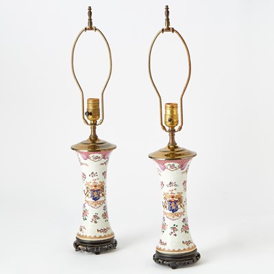 Lot 151 - Pair of Samson Chinese Export Armorial Style Porcelain Table Lamps