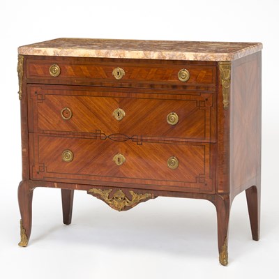 Lot 257 - Louis XV/XVI Transitional Style Marble Top Parquetry Chest of Drawers