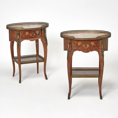 Lot 255 - Pair of Louis XVI Style Marble Top Parquetry Side Tables
