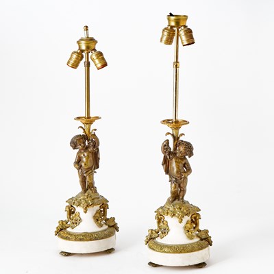 Lot 253 - Pair of Louis XV Style Patinated Metal and Marble Figural Table Lamps