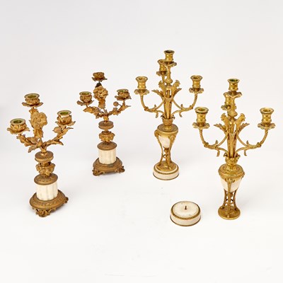 Lot 241 - Pair of Louis XVI Style Gilt-Metal and Marble Four-Light Candelabra