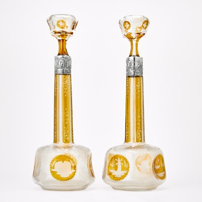 Lot 239 - Pair of Continental Silver-Mounted Blown, Cut, and Amber Flashed Glass Decanters and Stoppers