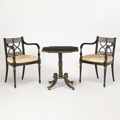 Lot 235 - Pair of Regency Style Ebonized Open Armchairs