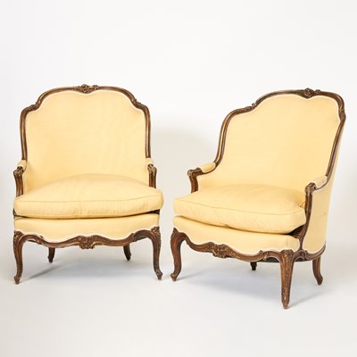 Lot 232 - Pair of Louis XV Style Upholstered Fruitwood Bergères a l'Oreilles
