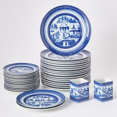 Lot 216 - Group of Mottahedeh Blue and White Canton Pattern Plates and Holders