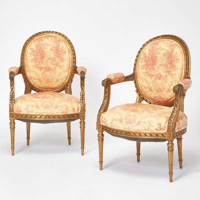 Lot 221 - Pair of Louis XVI Style Upholstered Gilt Painted Fauteuils