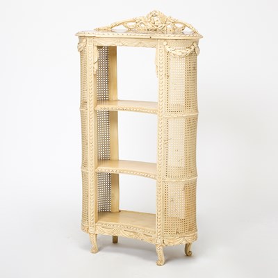 Lot 226 - Louis XVI Style Painted Carved Wood and Cane Open Bookshelf