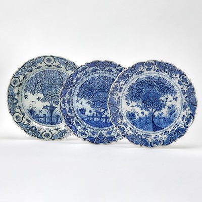 Lot 202 - Three Similar Delft Blue and White "Theeboom" Pattern Chargers