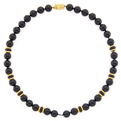 Lot 1184 - Black Onyx Bead and Gold Necklace