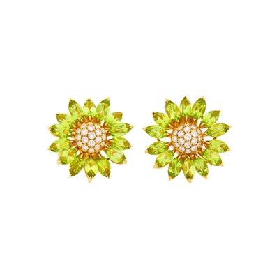 Lot 97 - Asprey Pair of Gold, Peridot and Diamond 'Daisy Heritage' Earclips
