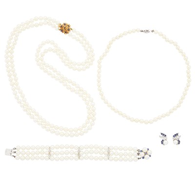 Lot 1138 - Group of Cultured Pearl, Gold, White Gold and Gem-Set Jewelry