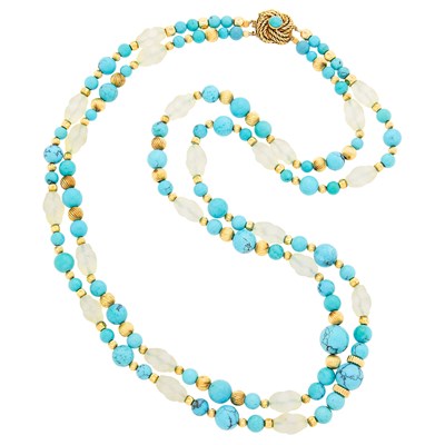 Lot 83 - Long Double Strand Turquoise, Carved Frosted Crystal and Gold Bead Necklace