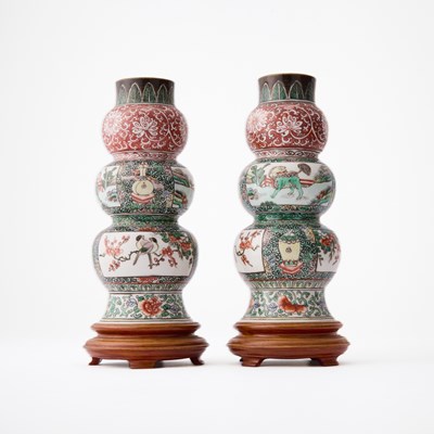 Lot 528 - A Pair of Chinese Famille Verte Porcelain ‘Triple Gourd’ Vases