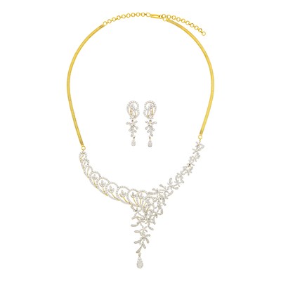 Lot 1211 - Two-Color Gold and Diamond Pendant-Necklace and Pair of Pendant-Earrings