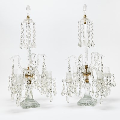 Lot 190 - Pair of George III Style Cut and Beaded Glass Four-Light Candelabra