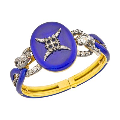 Lot 45 - Antique Gold, Silver, Blue Enamel and Diamond Serpent Bangle Bracelet