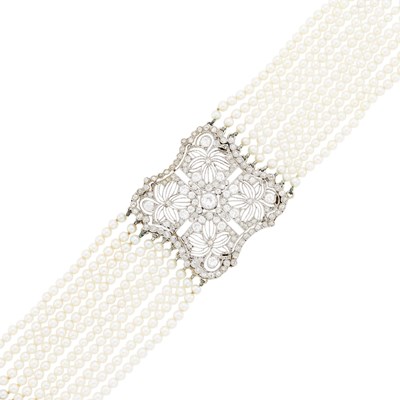 Lot 65 - Multistrand Cultured Pearl, Platinum, White Gold, and Diamond Choker Necklace