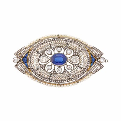 Lot 47 - Belle Epoque Platinum, Gold, Sapphire, Diamond and Seed Pearl Pendant-Brooch
