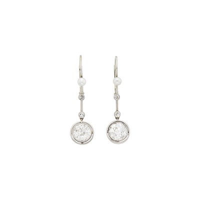 Lot 55 - Pair of Platinum, Diamond and Button Pearl Pendant-Earrings