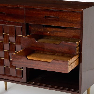 Lot 178 - Edward Wormley for Dunbar Walnut and Brass "Woven" Cabinet