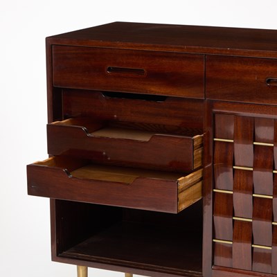 Lot 178 - Edward Wormley for Dunbar Walnut and Brass "Woven" Cabinet