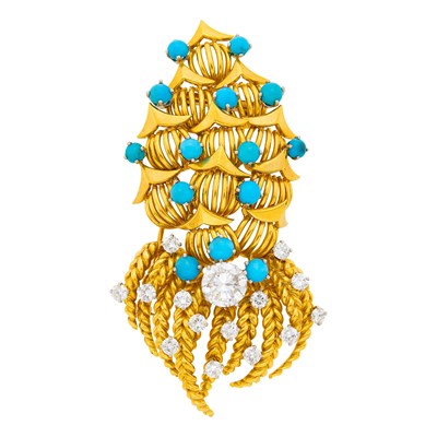 Lot 103 - Louis Féron Gold, Platinum, Diamond and Turquoise Clip-Brooch