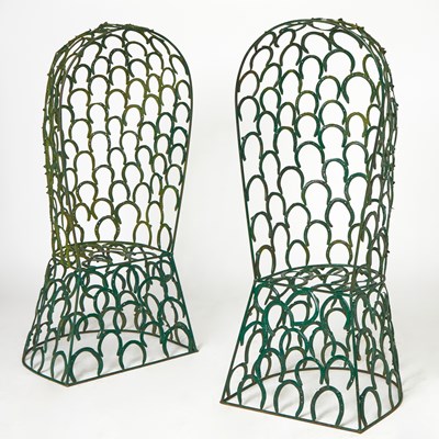 Lot 171 - Pair of Green Painted Metal Horseshoe Garden Chairs