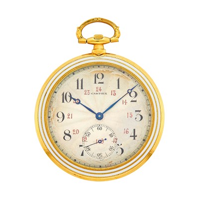 Lot 1041 - Cartier Gold and White Enamel Open Face Pocket Watch