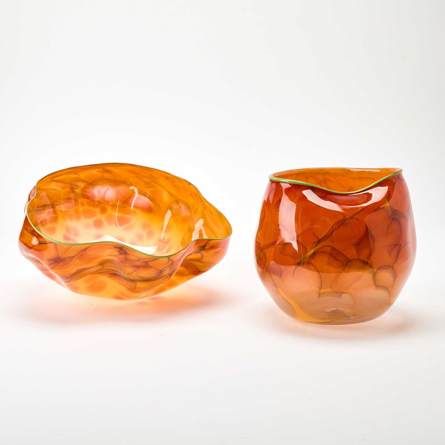 Lot 405 - Dale Chihuly Two-Piece Hand-Blown Glass Orange Macchia Basket With Green Lip Wrap