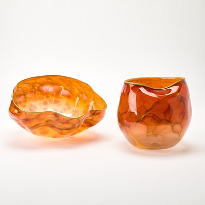 Lot Dale Chihuly Two-Piece Hand-Blown Glass Orange Macchia Basket With Green Lip Wrap