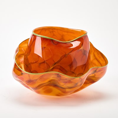 Lot 405 - Dale Chihuly Two-Piece Hand-Blown Glass Orange Macchia Basket With Green Lip Wrap